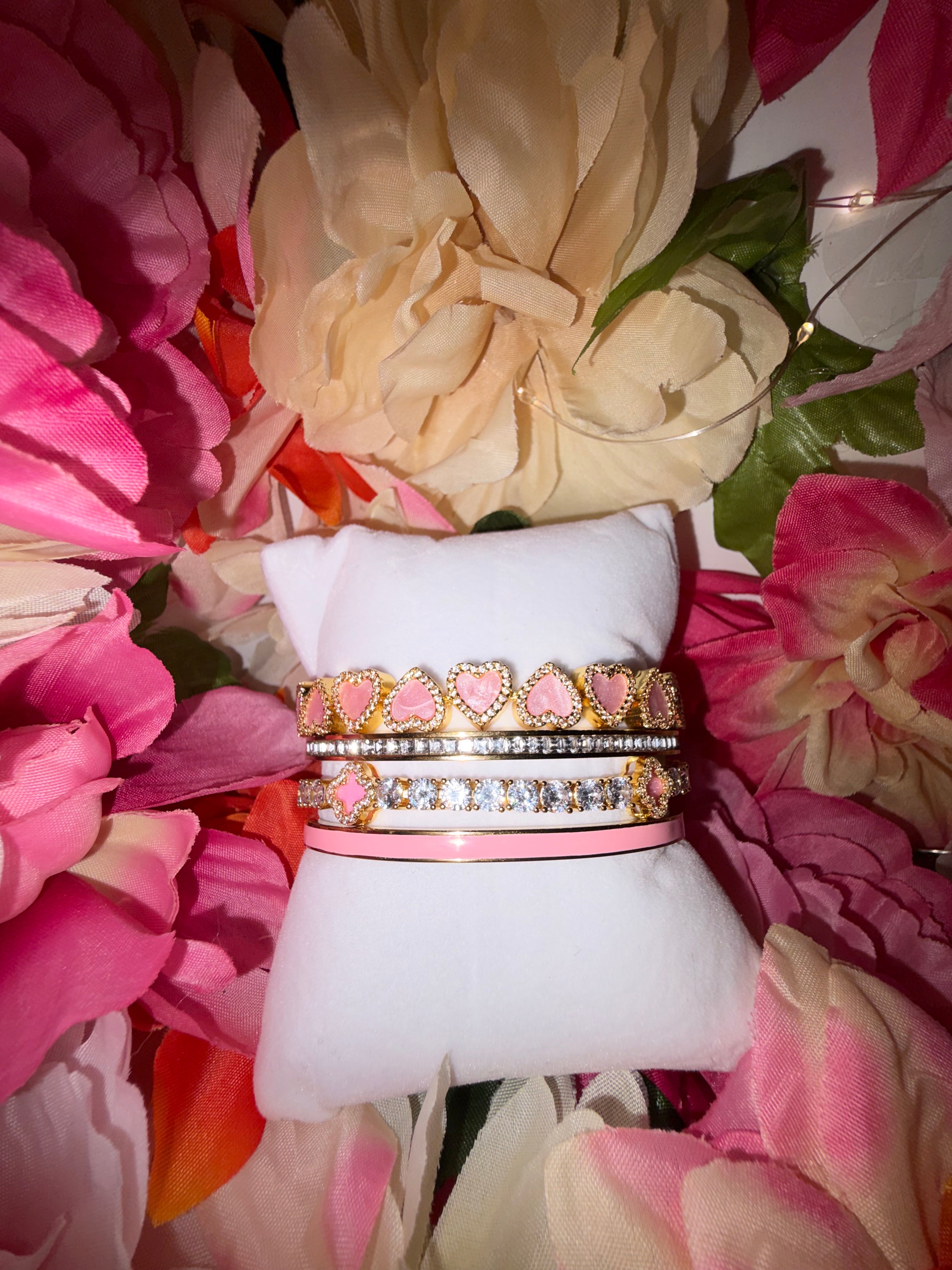 Pink Heart Tennis Bracelet Set – Gold Filled CZ Bracelet Stack