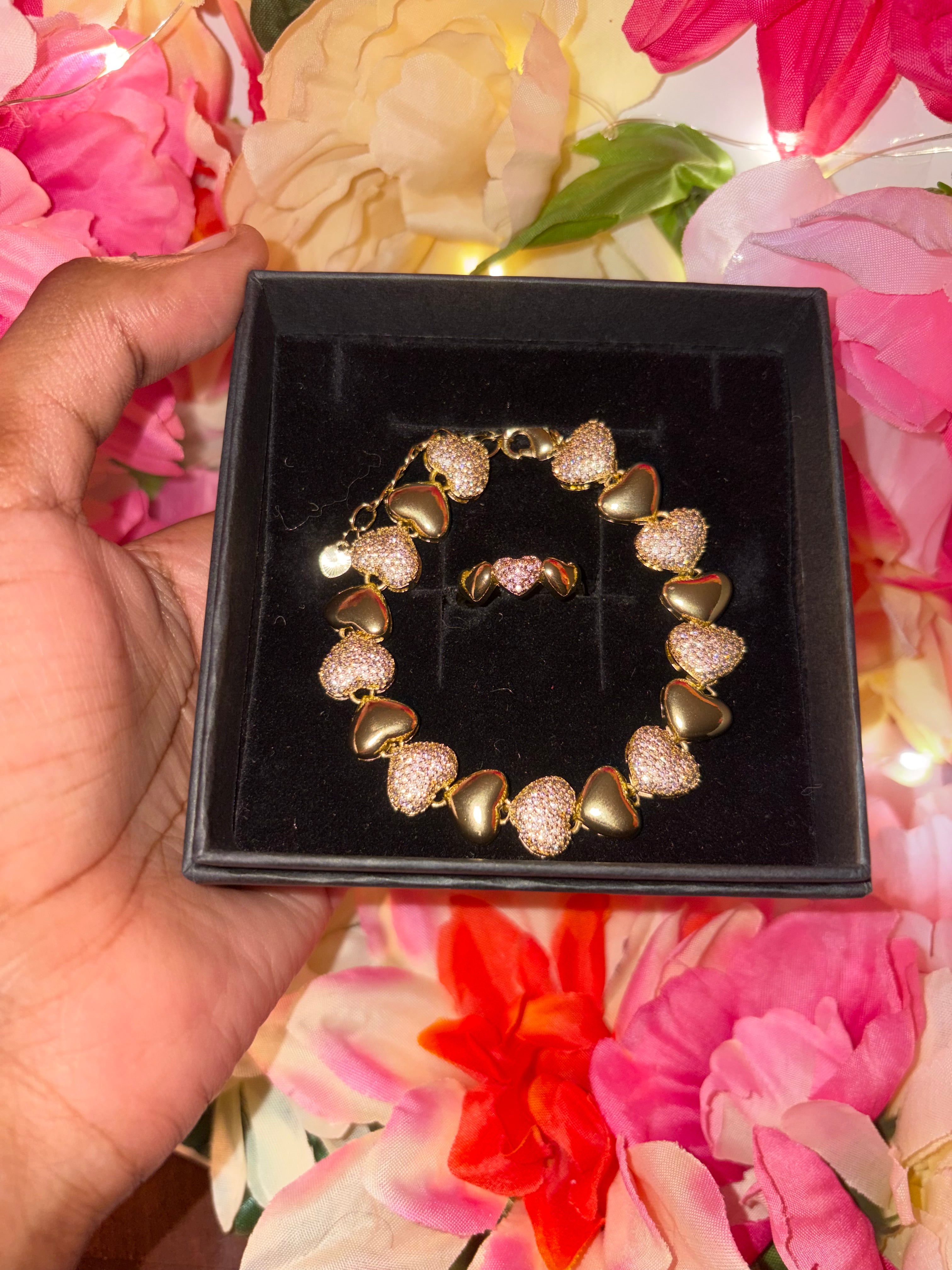 Gold Heart Bracelet & Ring Set