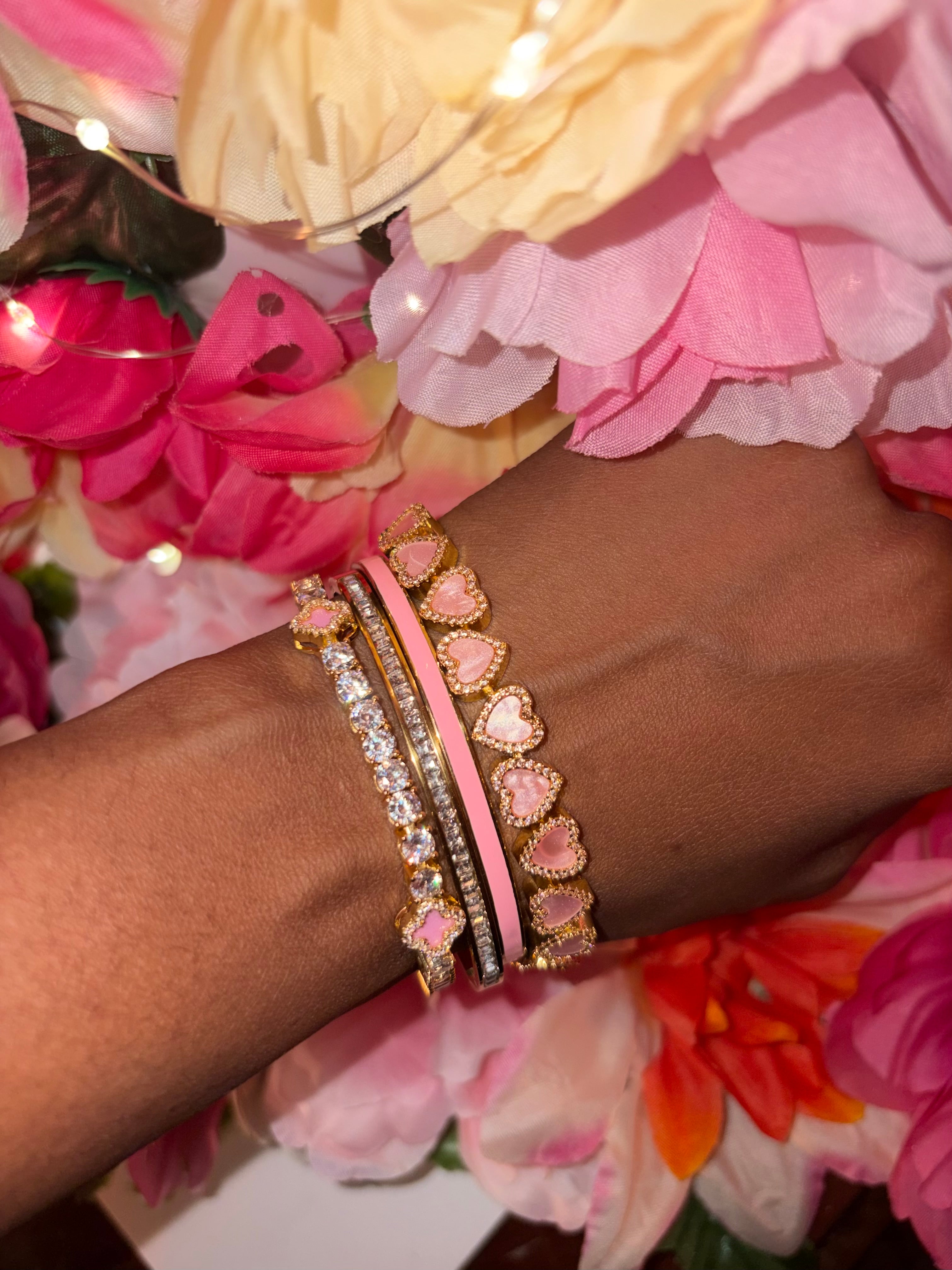 Pink Heart Tennis Bracelet Set – Gold Filled CZ Bracelet Stack