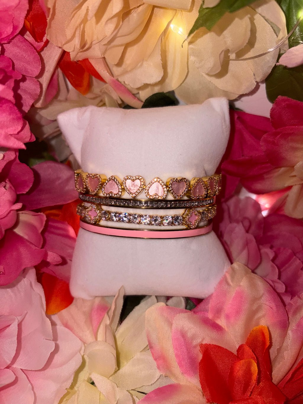 Pink Heart Tennis Bracelet Set – Gold Filled CZ Bracelet Stack